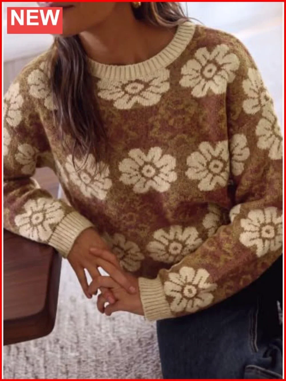 Womens Floral Crewneck Sweater Knit Pullover Loose Fit Long Sleeve